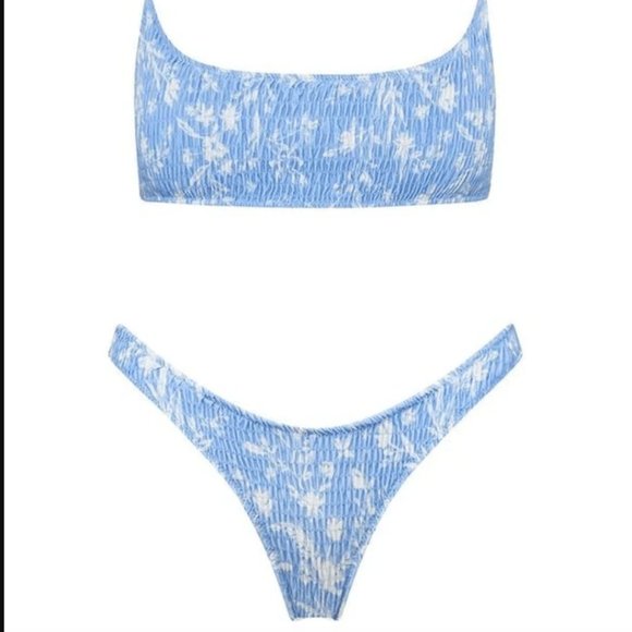 Another Chill Blue Floral Print Smocked Bikini Set - Picture 1 of 4